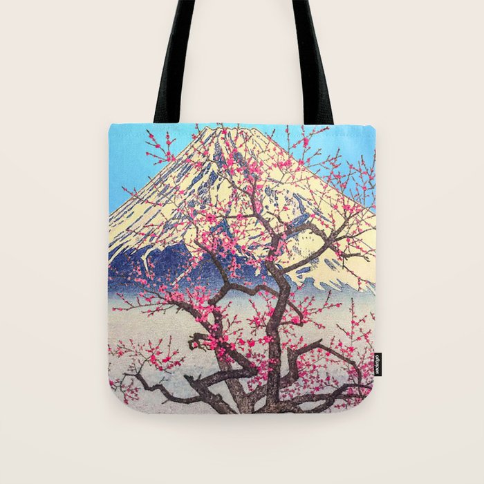 Growing before the Mountain-God - Summer Tree, Lake & Mountain Ukiyoe Nature Landscape in Blue & Pinkn Tote Bag Gallery Image 1
