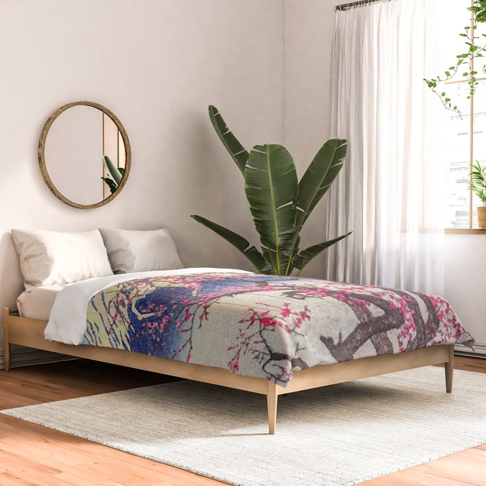 Growing before the Mountain-God - Summer Tree, Lake & Mountain Ukiyoe Nature Landscape in Blue & Pinkn Comforter Gallery Image 2