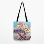 Growing before the Mountain-God - Summer Tree, Lake & Mountain Ukiyoe Nature Landscape in Blue & Pinkn Tote Bag Gallery Image 2