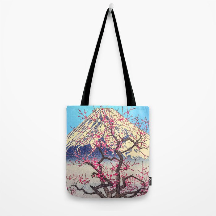 Growing before the Mountain-God - Summer Tree, Lake & Mountain Ukiyoe Nature Landscape in Blue & Pinkn Tote Bag Gallery Image 2