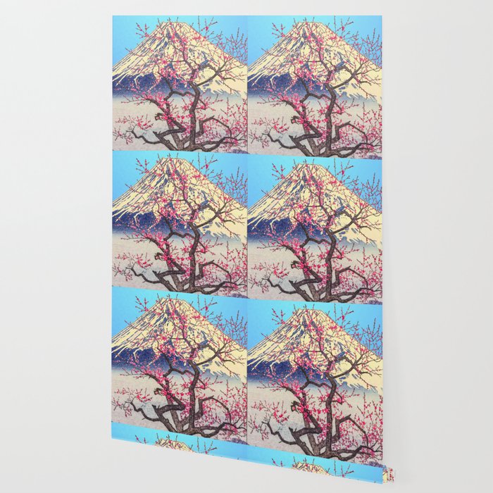 Growing before the Mountain-God - Summer Tree, Lake & Mountain Ukiyoe Nature Landscape in Blue & Pinkn Wallpaper Gallery Image 2