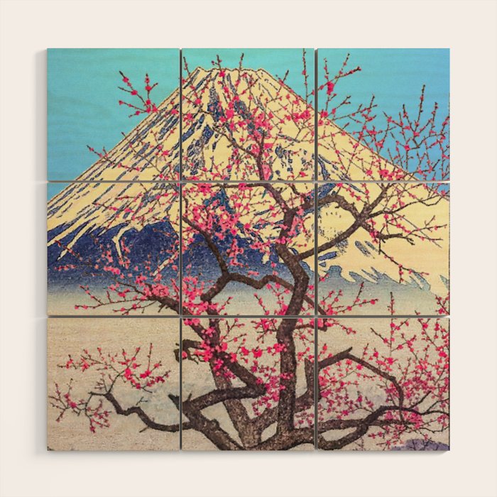 Growing before the Mountain-God - Summer Tree, Lake & Mountain Ukiyoe Nature Landscape in Blue & Pinkn Wood Wall Art Gallery Image 1