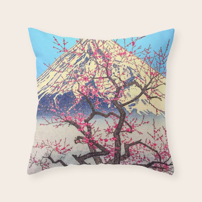 Growing before the Mountain-God - Summer Tree, Lake & Mountain Ukiyoe Nature Landscape in Blue & Pinkn Throw Pillow Gallery Image 6