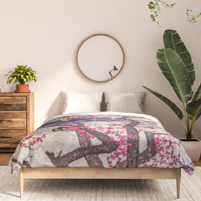 Growing before the Mountain-God - Summer Tree, Lake & Mountain Ukiyoe Nature Landscape in Blue & Pinkn Comforter Gallery Image 3