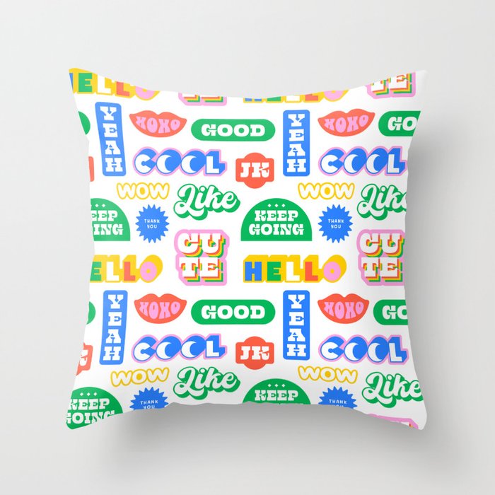 Retro funny sticker quote label pattern Throw Pillow Gallery Image 6