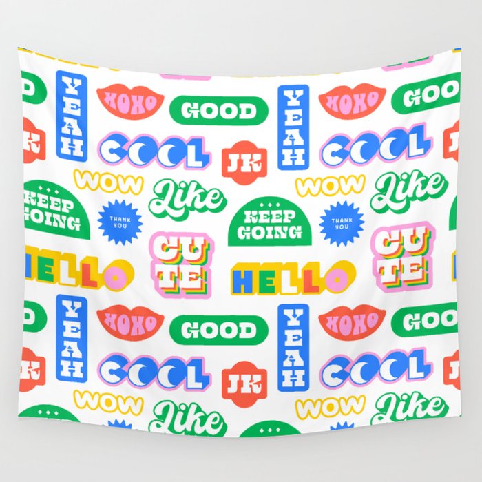 Retro funny sticker quote label pattern Wall Tapestry Gallery Image 4