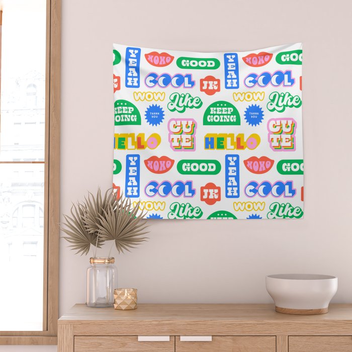 Retro funny sticker quote label pattern Wall Tapestry Gallery Image 2