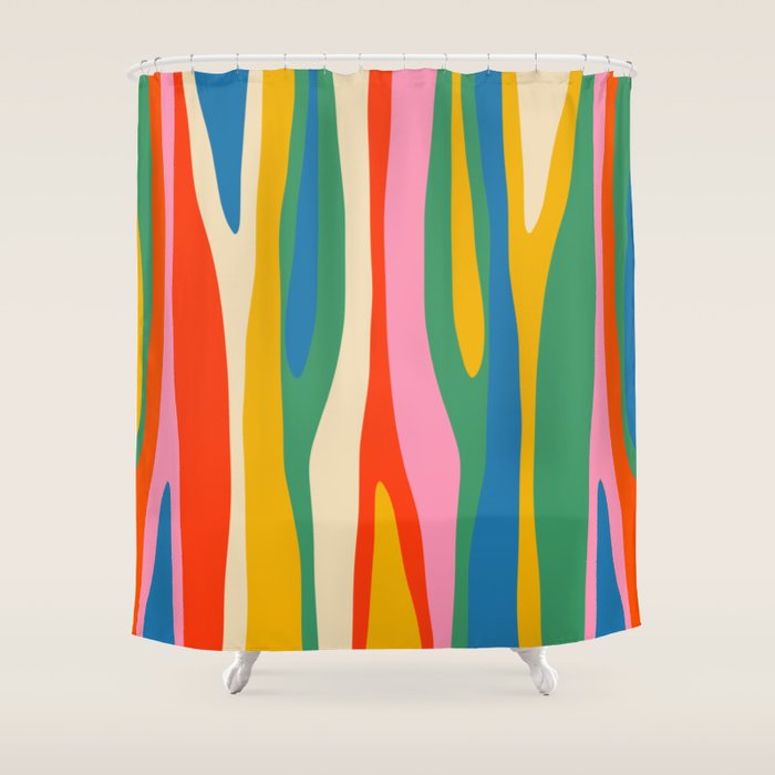 Wild Stripes Colorful Modern Abstract Pop Pattern Blue Pink Red Green Mustard Yellow Shower Curtain Gallery Image 1
