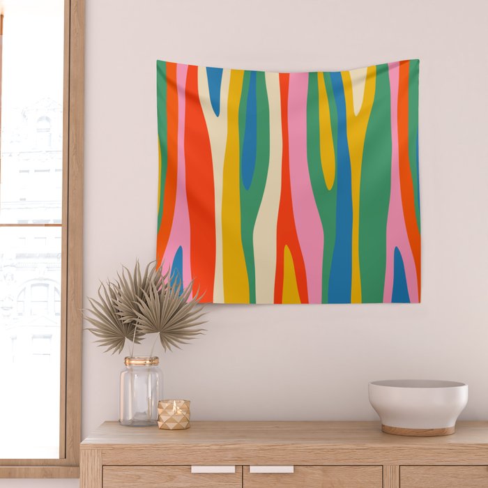 Wild Stripes Colorful Modern Abstract Pop Pattern Blue Pink Red Green Mustard Yellow Wall Tapestry Gallery Image 2