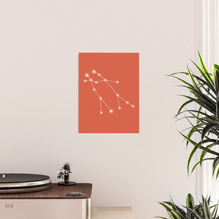 Gemini Zodiac Star Constellation Line Art Coral Red Poster Gallery Image 2