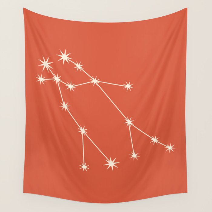 Gemini Zodiac Star Constellation Line Art Coral Red Wall Tapestry Gallery Image 4