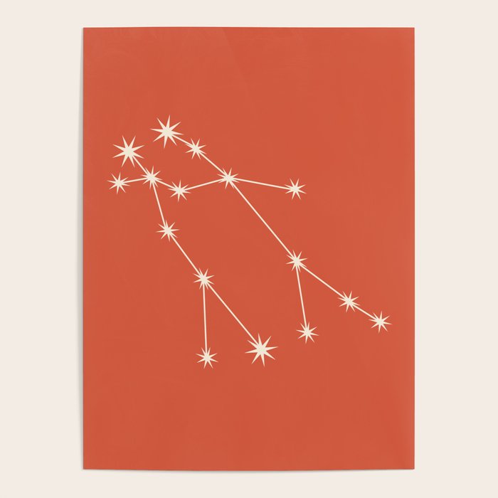 Gemini Zodiac Star Constellation Line Art Coral Red Poster Gallery Image 1