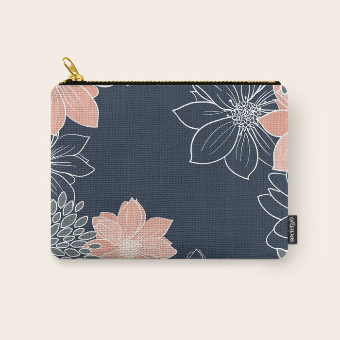 Festive, Floral Prints and Line Art, Navy Blue, Coral and Gray Carry All Pouch Gallery Image 1