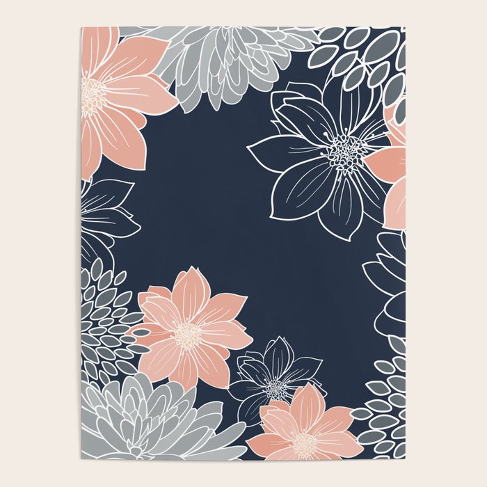 Festive, Floral Prints and Line Art, Navy Blue, Coral and Gray Poster Gallery Image 1