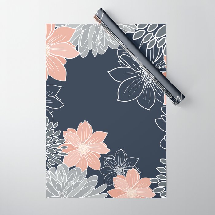 Festive, Floral Prints and Line Art, Navy Blue, Coral and Gray Wrapping Paper Gallery Image 1
