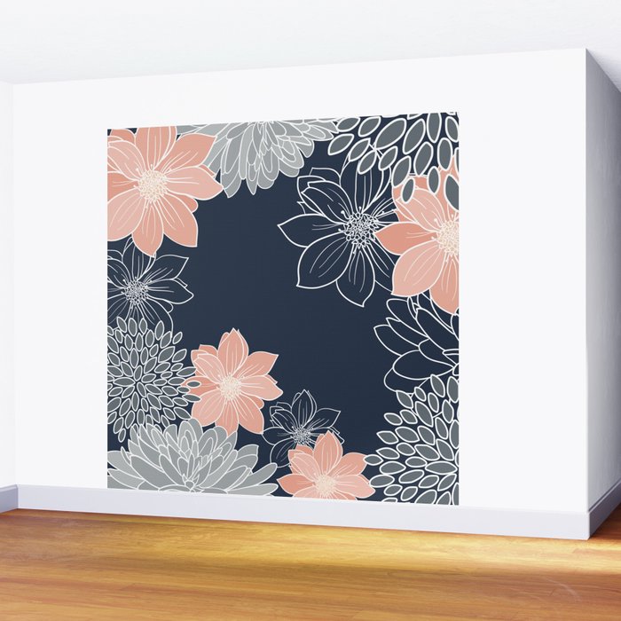 Festive, Floral Prints and Line Art, Navy Blue, Coral and Gray Wall Mural Gallery Image 2