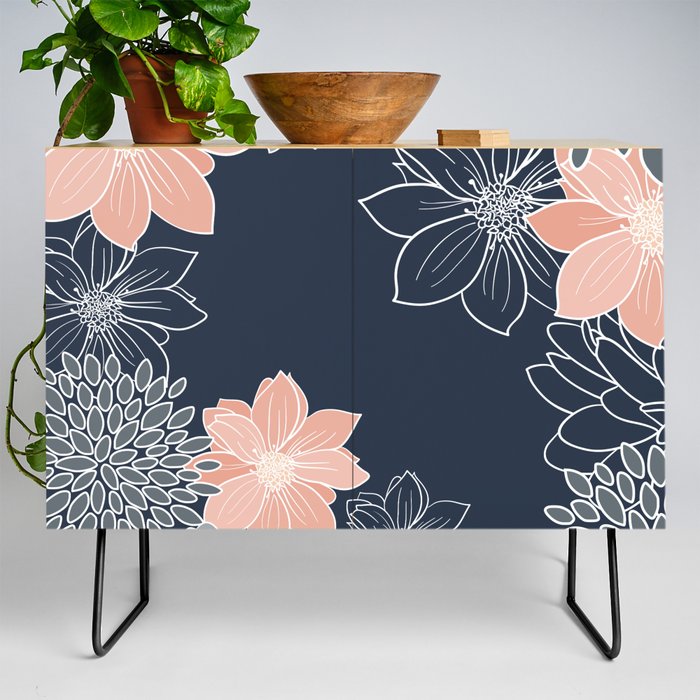 Festive, Floral Prints and Line Art, Navy Blue, Coral and Gray Credenza Gallery Image 2