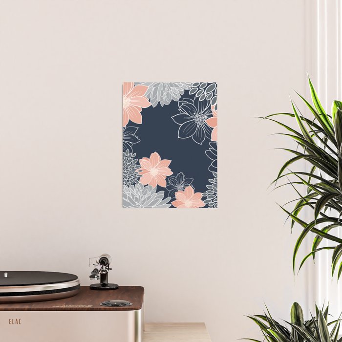 Festive, Floral Prints and Line Art, Navy Blue, Coral and Gray Poster Gallery Image 2