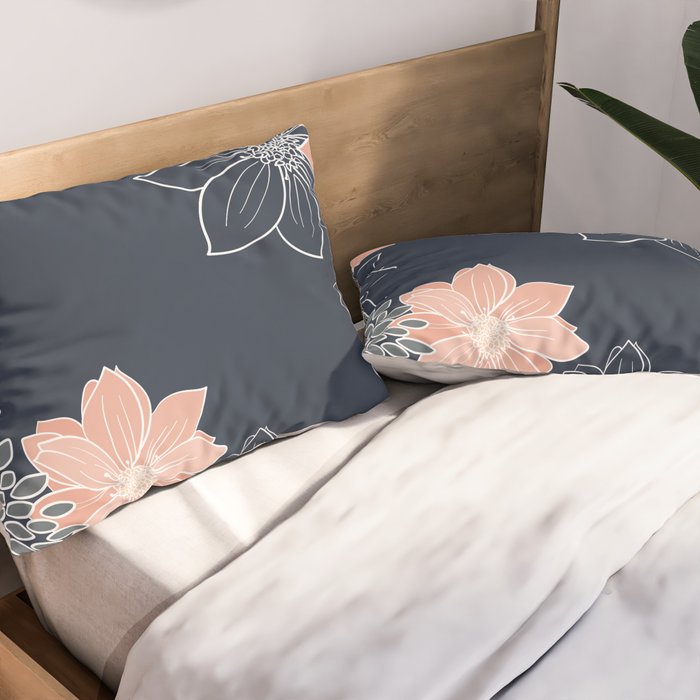 Festive, Floral Prints and Line Art, Navy Blue, Coral and Gray Pillow Sham Gallery Image 2