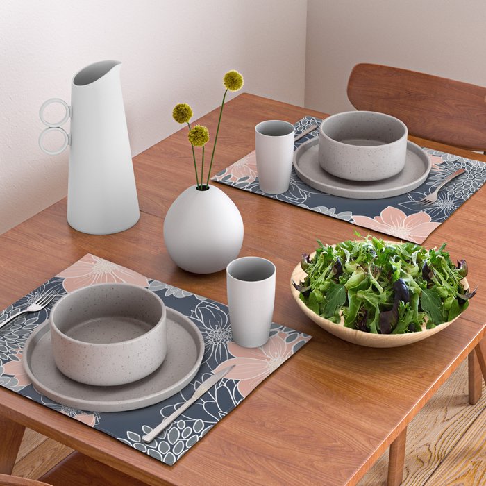 Festive, Floral Prints and Line Art, Navy Blue, Coral and Gray Placemat Gallery Image 2
