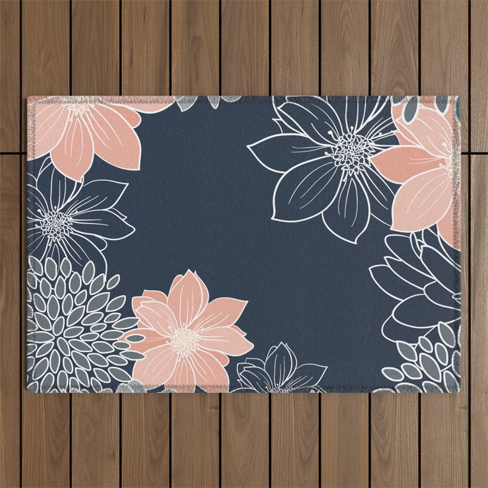 Festive, Floral Prints and Line Art, Navy Blue, Coral and Gray Outdoor Rug Gallery Image 1