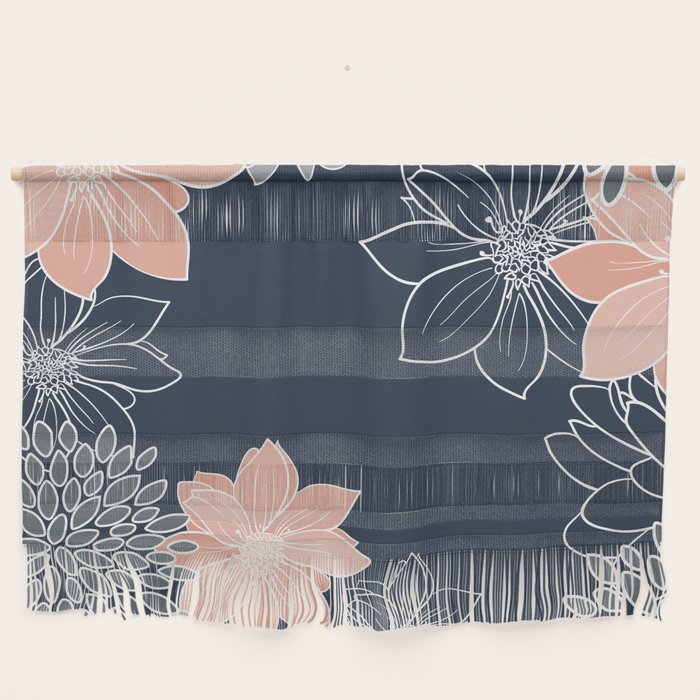 Festive, Floral Prints and Line Art, Navy Blue, Coral and Gray Wall Hanging Gallery Image 1