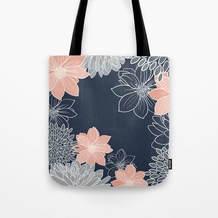 Festive, Floral Prints and Line Art, Navy Blue, Coral and Gray Tote Bag Gallery Image 1