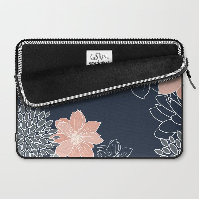 Festive, Floral Prints and Line Art, Navy Blue, Coral and Gray Laptop Sleeve Gallery Image 2