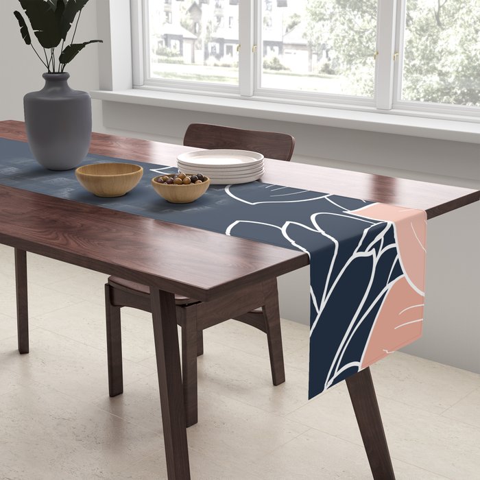 Festive, Floral Prints and Line Art, Navy Blue, Coral and Gray Table Runner Gallery Image 2