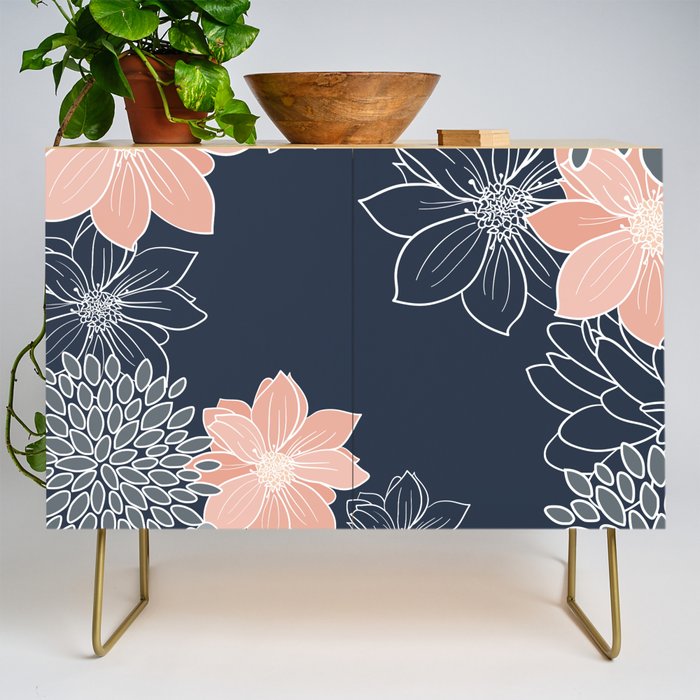 Festive, Floral Prints and Line Art, Navy Blue, Coral and Gray Credenza Gallery Image 1