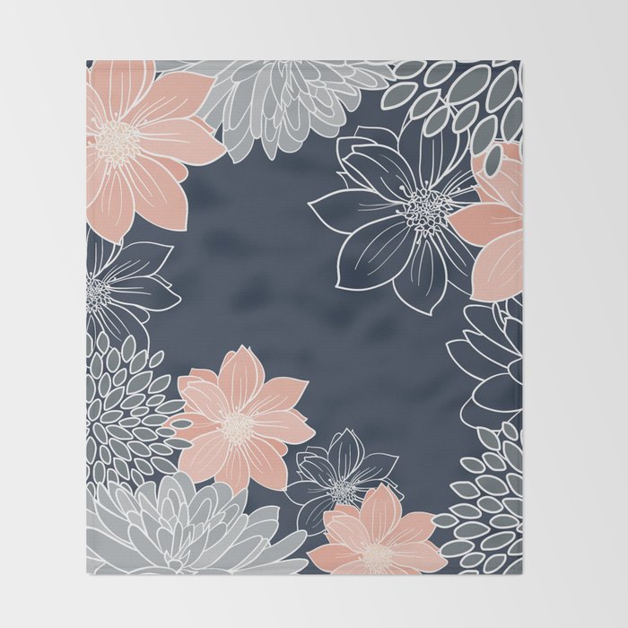 Festive, Floral Prints and Line Art, Navy Blue, Coral and Gray Throw Blanket Gallery Image 2