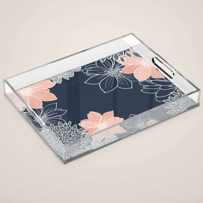 Festive, Floral Prints and Line Art, Navy Blue, Coral and Gray Acrylic Tray Gallery Image 1