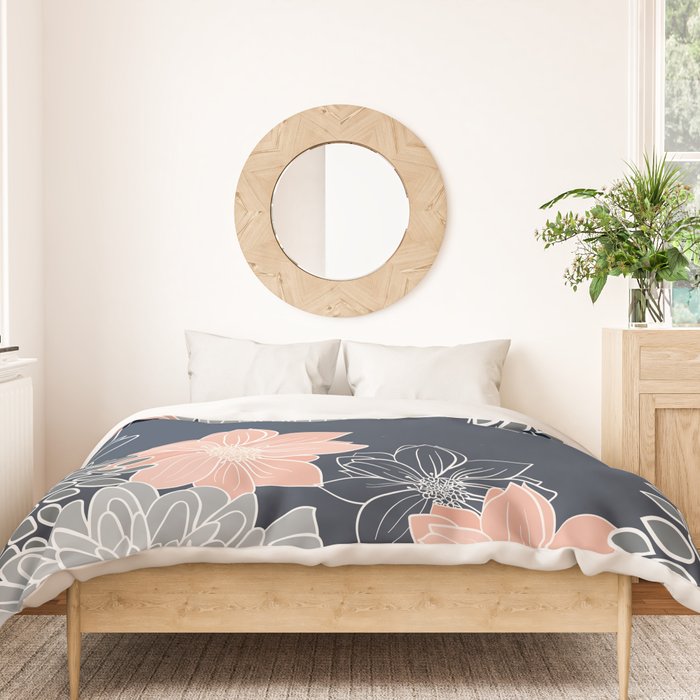 Festive, Floral Prints and Line Art, Navy Blue, Coral and Gray Duvet Cover Gallery Image 3