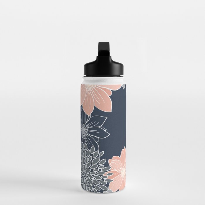 Festive, Floral Prints and Line Art, Navy Blue, Coral and Gray Water Bottle Gallery Image 3