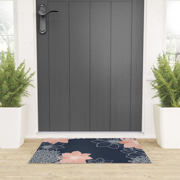 Festive, Floral Prints and Line Art, Navy Blue, Coral and Gray Welcome Mat Gallery Image 3