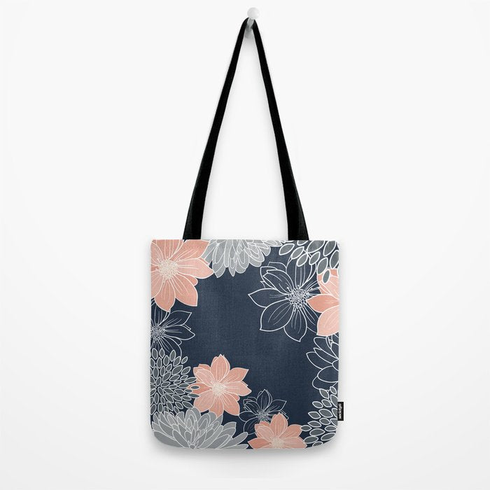 Festive, Floral Prints and Line Art, Navy Blue, Coral and Gray Tote Bag Gallery Image 2