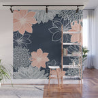 Festive, Floral Prints and Line Art, Navy Blue, Coral and Gray Wall Mural Gallery Image 1