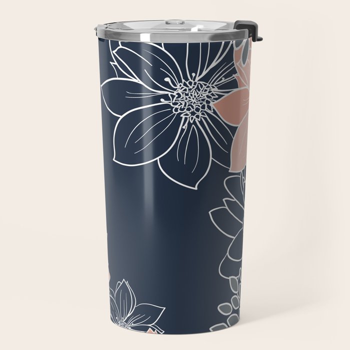 Festive, Floral Prints and Line Art, Navy Blue, Coral and Gray Travel Mug Gallery Image 2