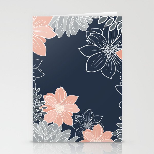 Festive, Floral Prints and Line Art, Navy Blue, Coral and Gray Stationery Card Gallery Image 1