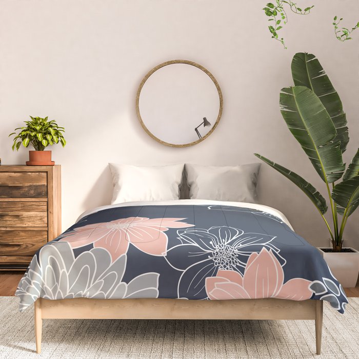 Festive, Floral Prints and Line Art, Navy Blue, Coral and Gray Comforter Gallery Image 3