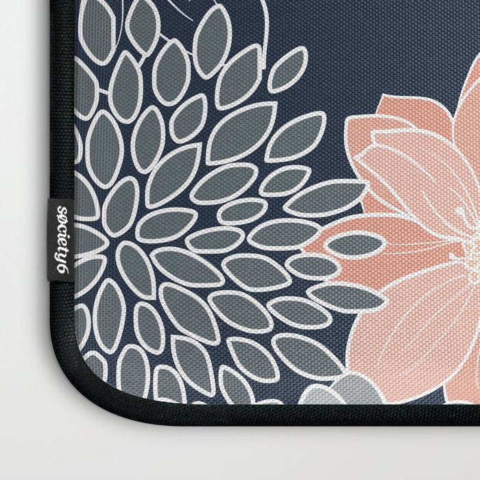 Festive, Floral Prints and Line Art, Navy Blue, Coral and Gray Laptop Sleeve Gallery Image 3