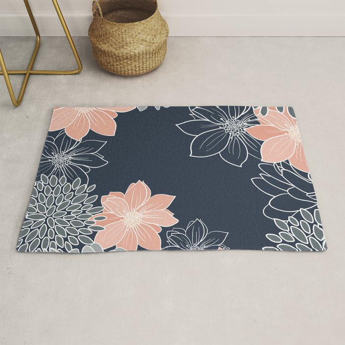 Festive, Floral Prints and Line Art, Navy Blue, Coral and Gray Rug Gallery Image 1