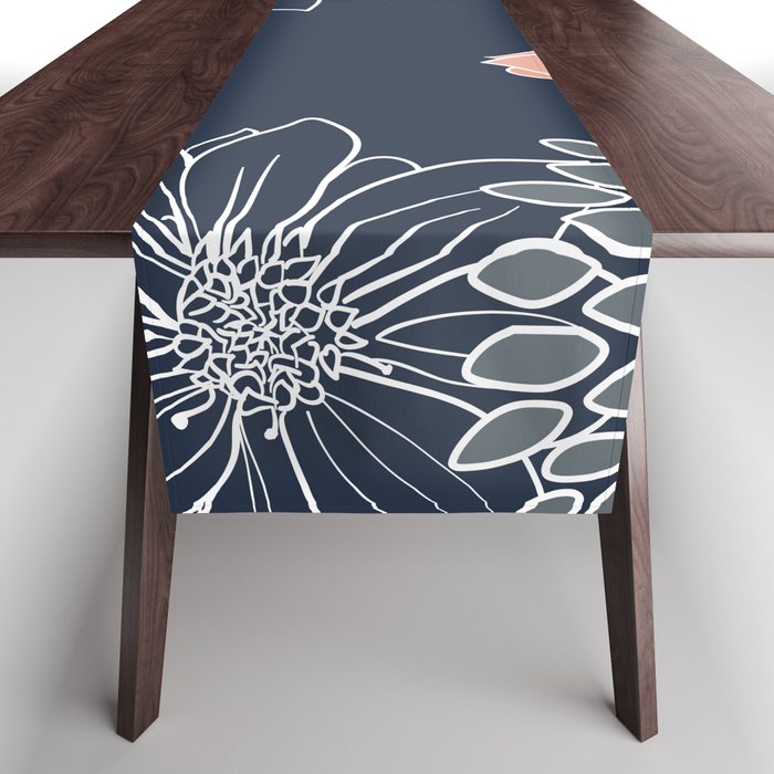 Festive, Floral Prints and Line Art, Navy Blue, Coral and Gray Table Runner Gallery Image 1