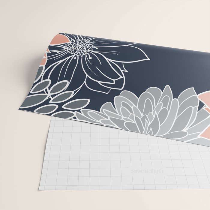 Festive, Floral Prints and Line Art, Navy Blue, Coral and Gray Wrapping Paper Gallery Image 2