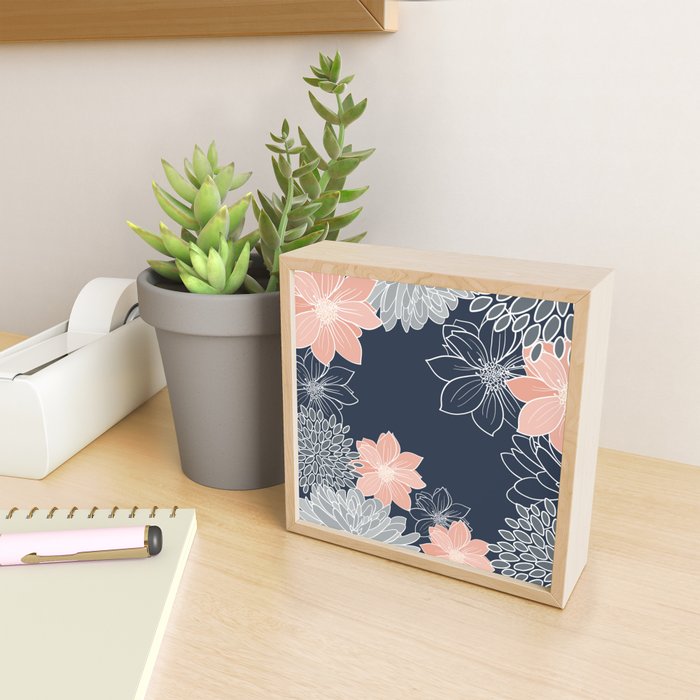 Festive, Floral Prints and Line Art, Navy Blue, Coral and Gray Mini Art Print Gallery Image 2