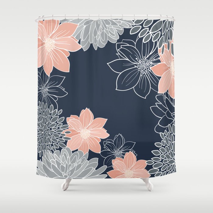Festive, Floral Prints and Line Art, Navy Blue, Coral and Gray Shower Curtain Gallery Image 1