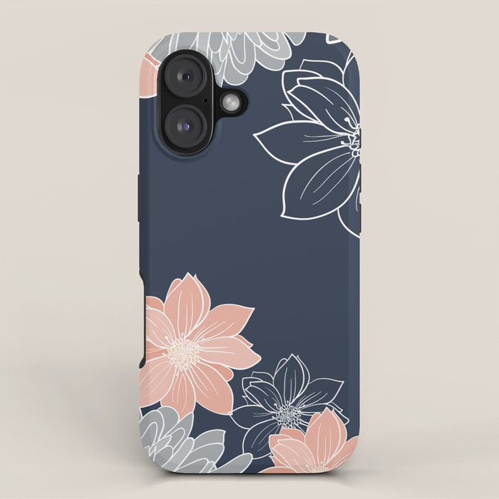 Festive, Floral Prints and Line Art, Navy Blue, Coral and Gray iPhone Case Gallery Image 1