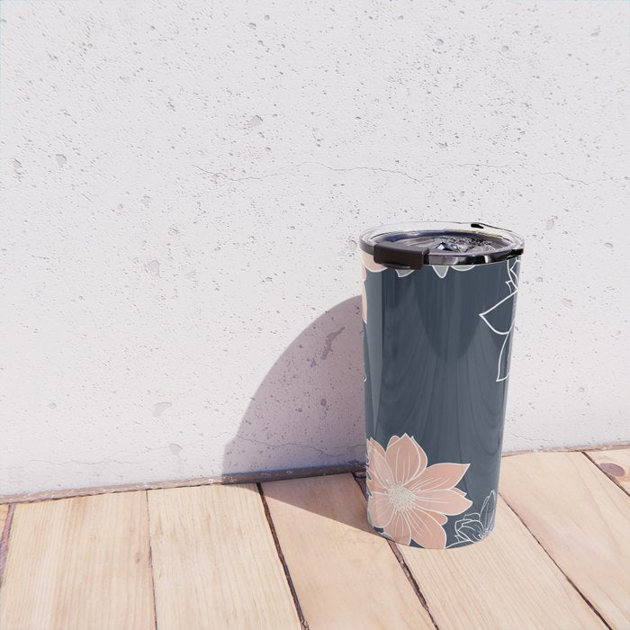 Festive, Floral Prints and Line Art, Navy Blue, Coral and Gray Travel Mug Gallery Image 4