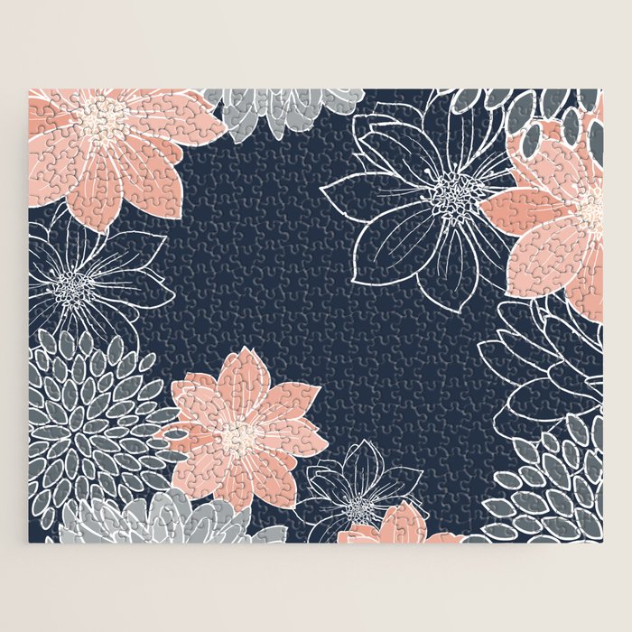 Festive, Floral Prints and Line Art, Navy Blue, Coral and Gray Jigsaw Puzzle Gallery Image 1