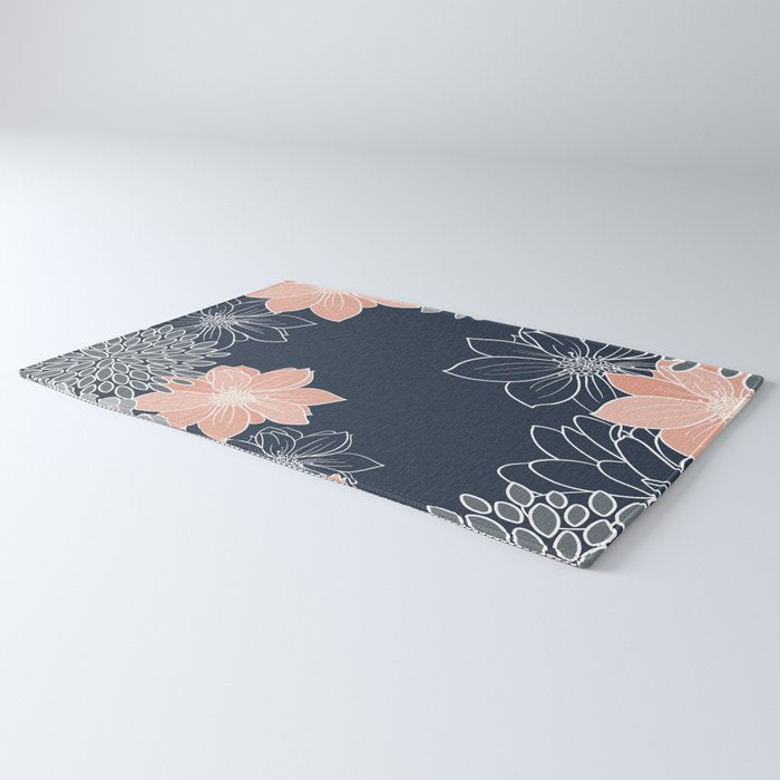 Festive, Floral Prints and Line Art, Navy Blue, Coral and Gray Rug Gallery Image 3